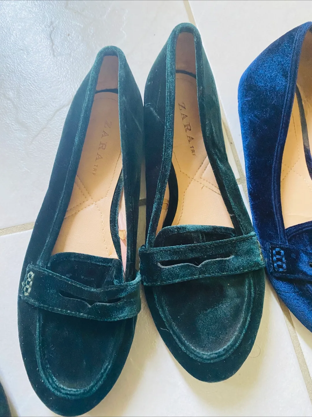 Zara TRF Green Velvet Loafers - Size 37 thumbnail