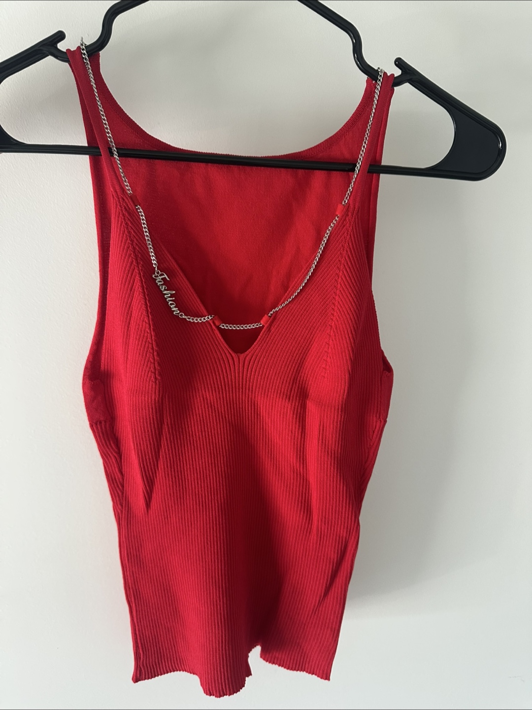 Red Ribbed Knit Tank Top with Chain Detail - photo 5