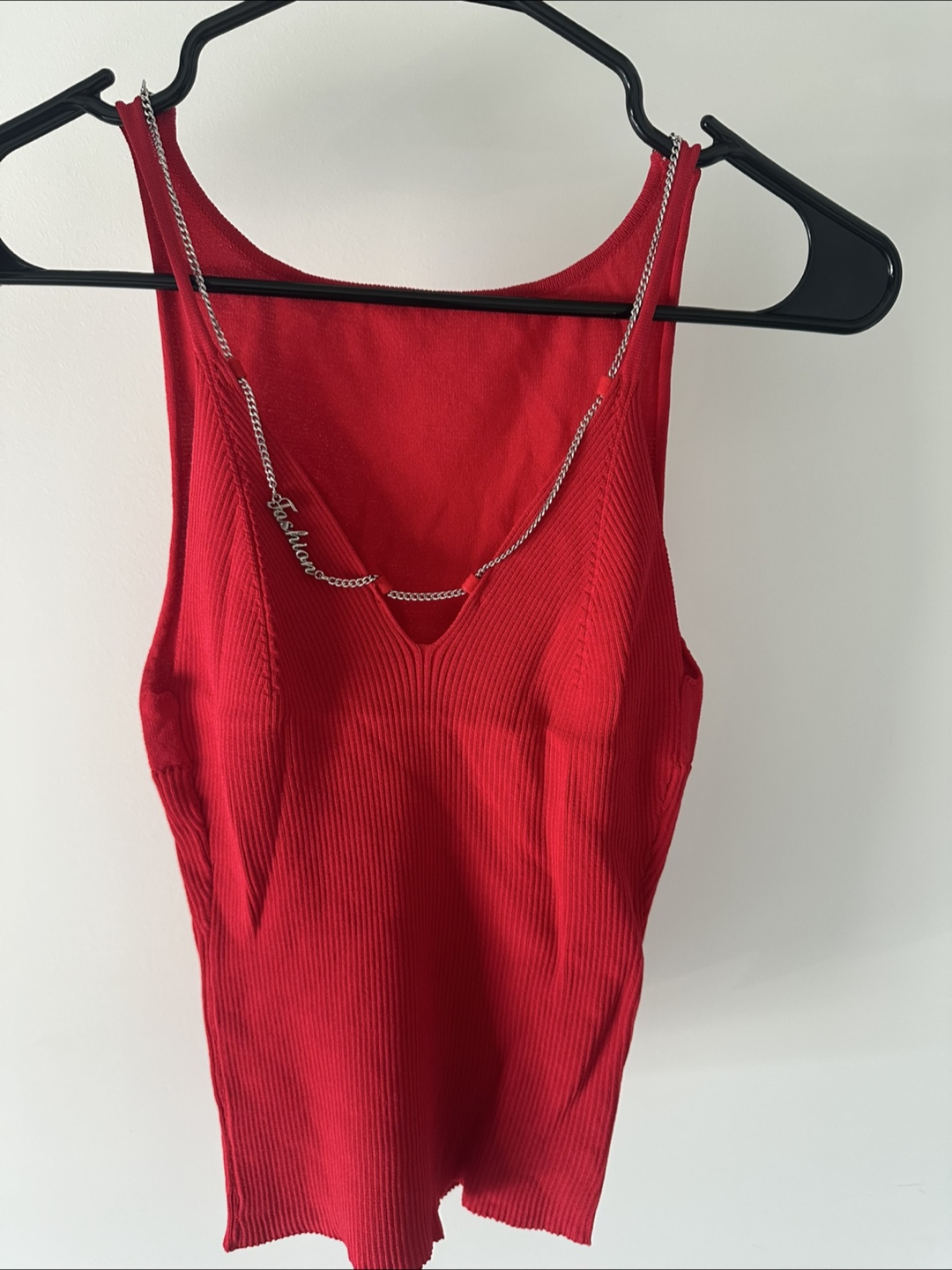 Red Ribbed Knit Tank Top with Chain Detail - photo 4