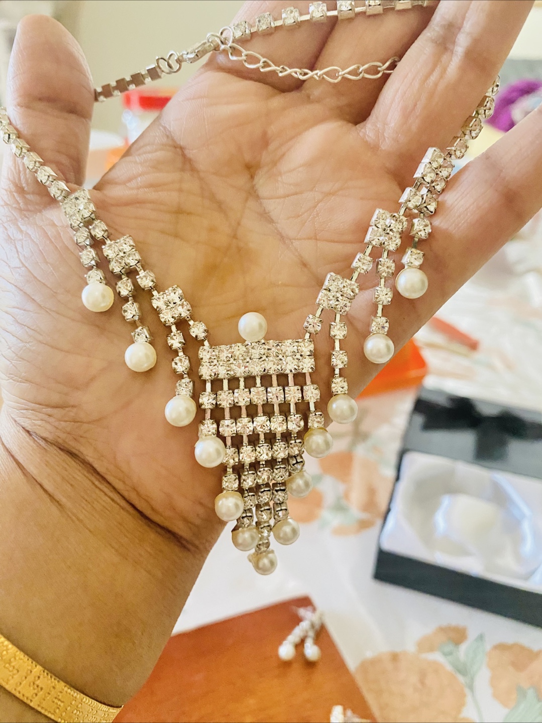 Pearl & Rhinestone Necklace & Earring Set
