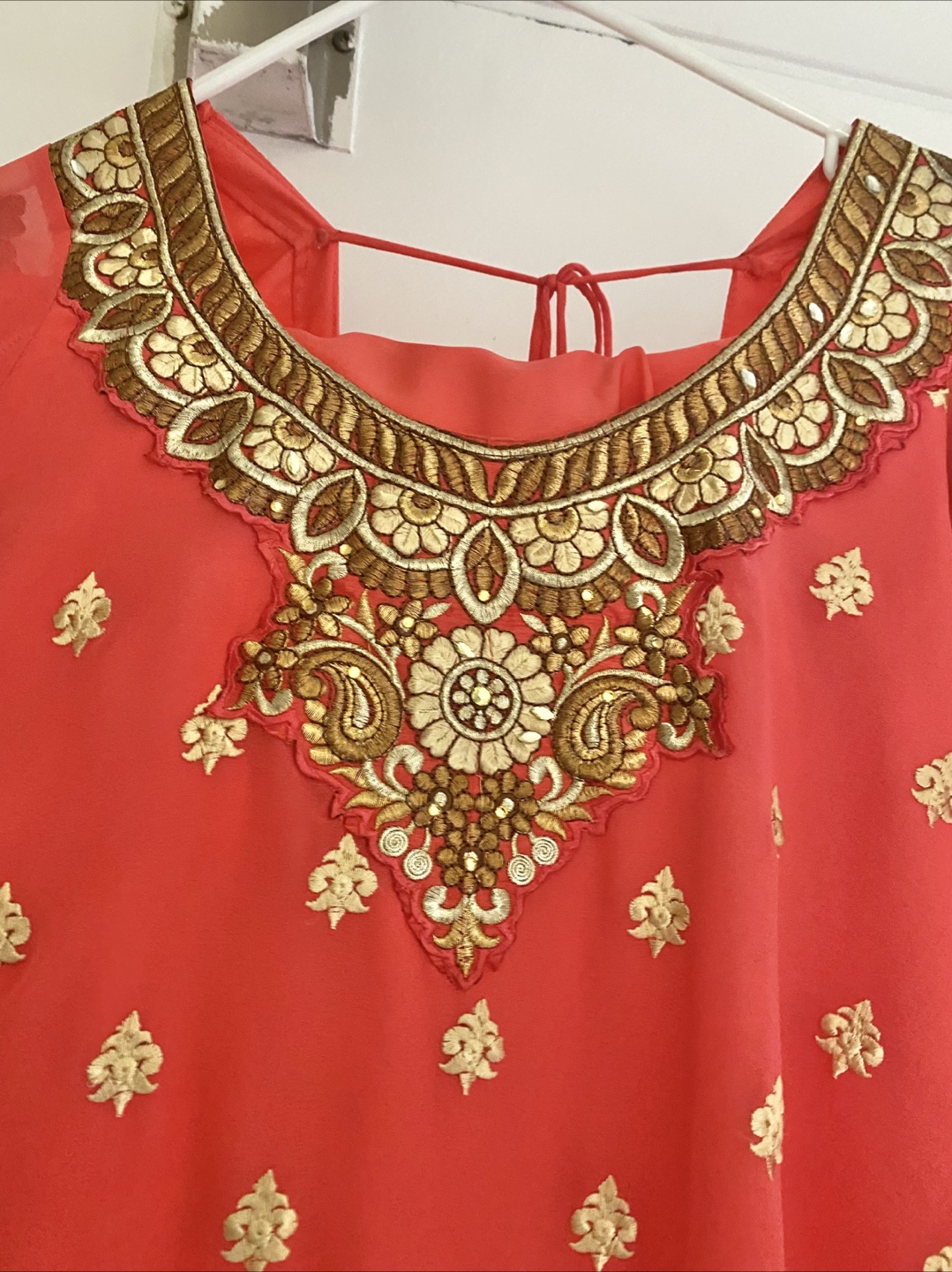 Coral & Gold Embroidered Indian Dress