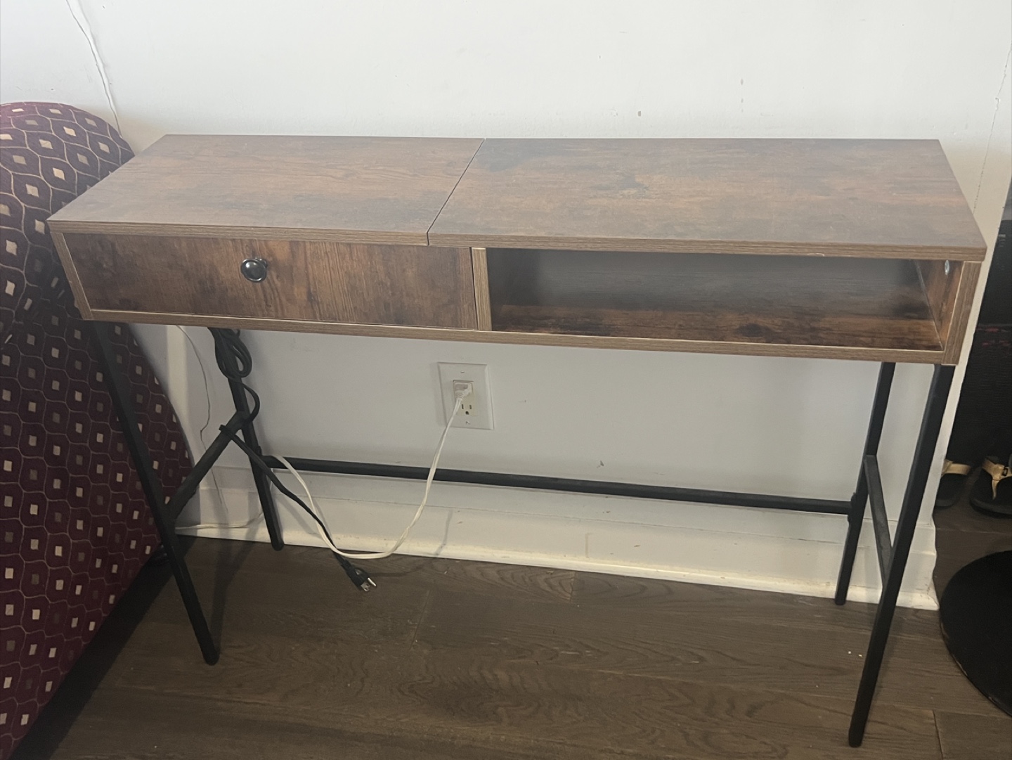 Brown Wooden Desk with Drawer & Power Outlet
