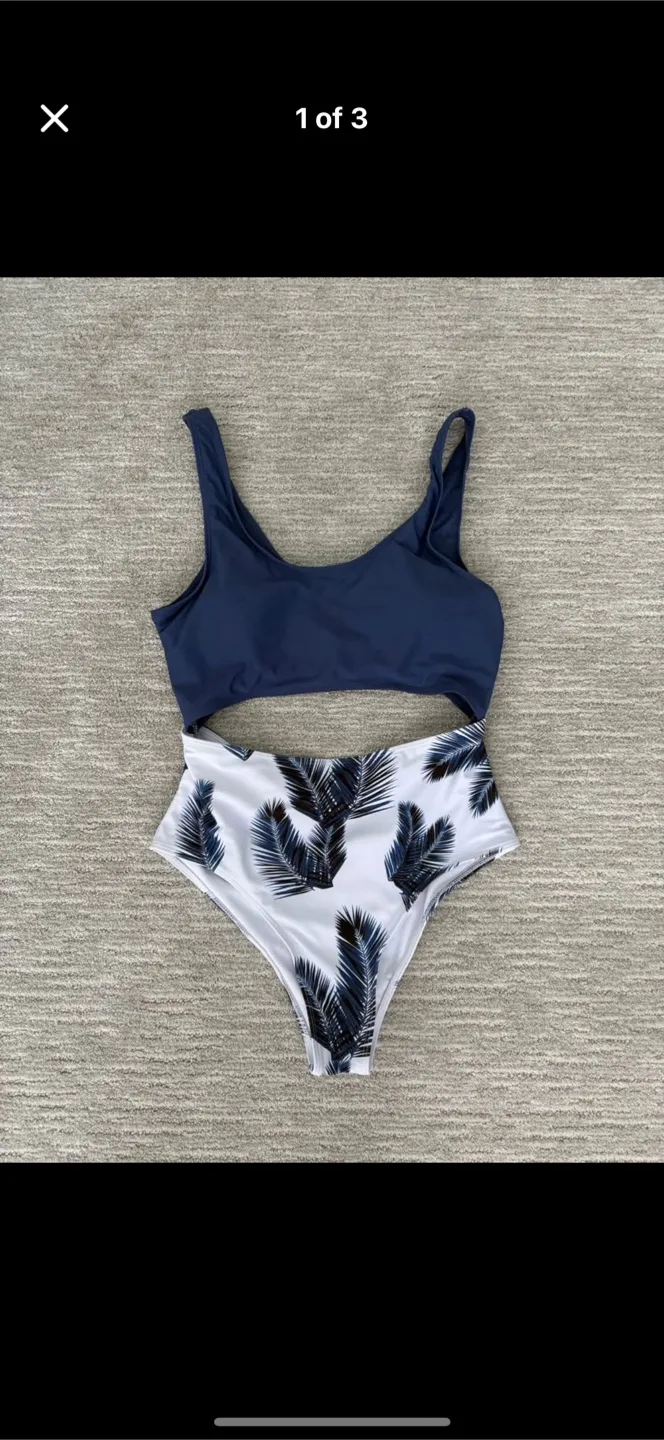 Navy & Palm Print Swimsuit - Size XL thumbnail