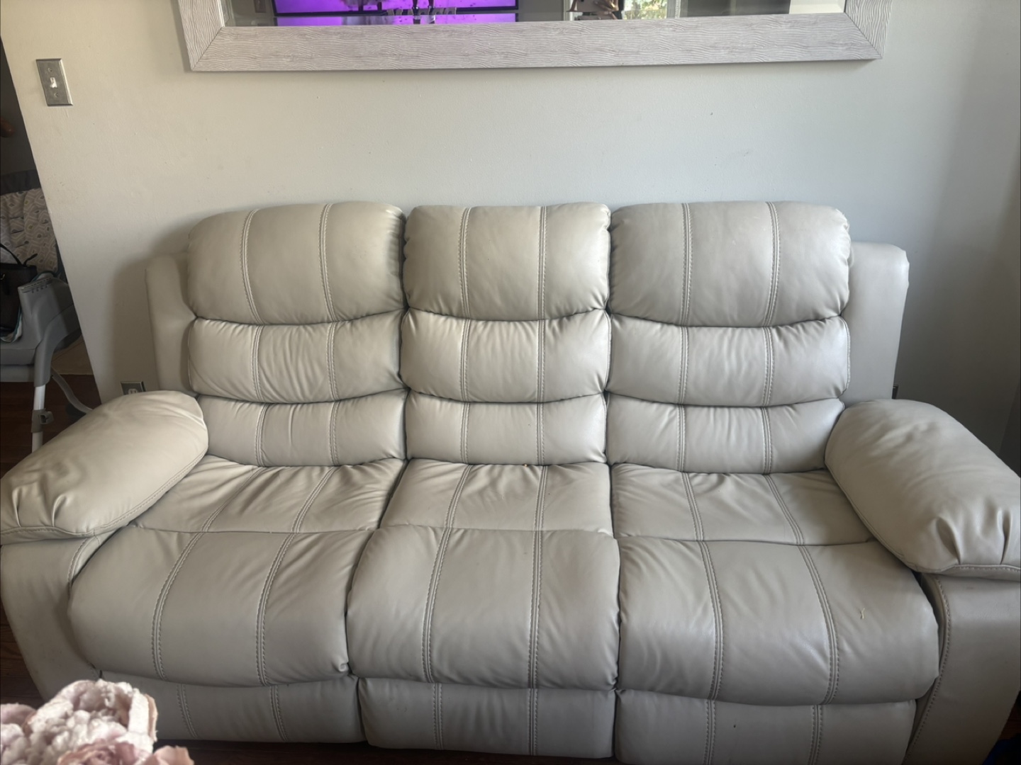 Cream Leather Reclining Sofa