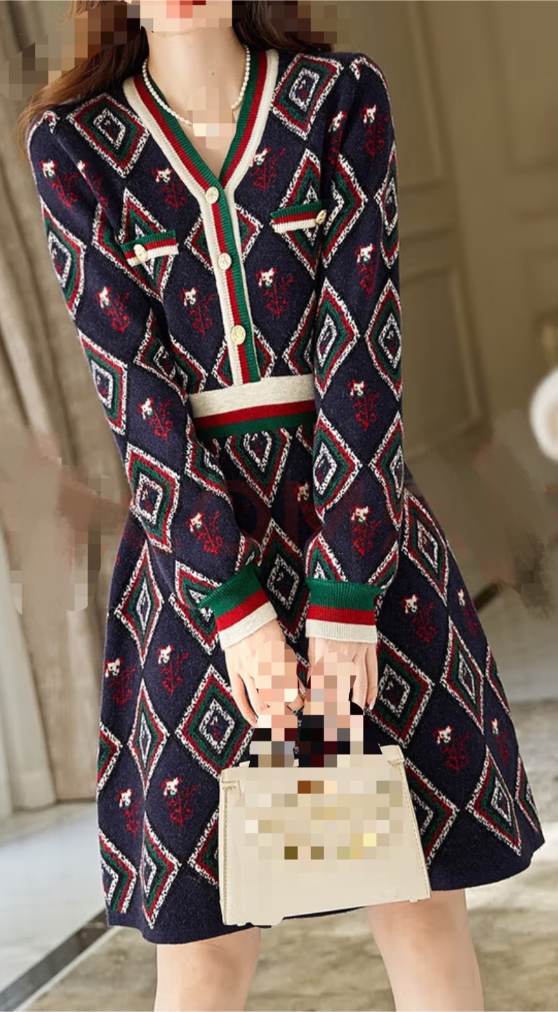 Patterned Knit Dress - Navy, Red, Green - photo 2
