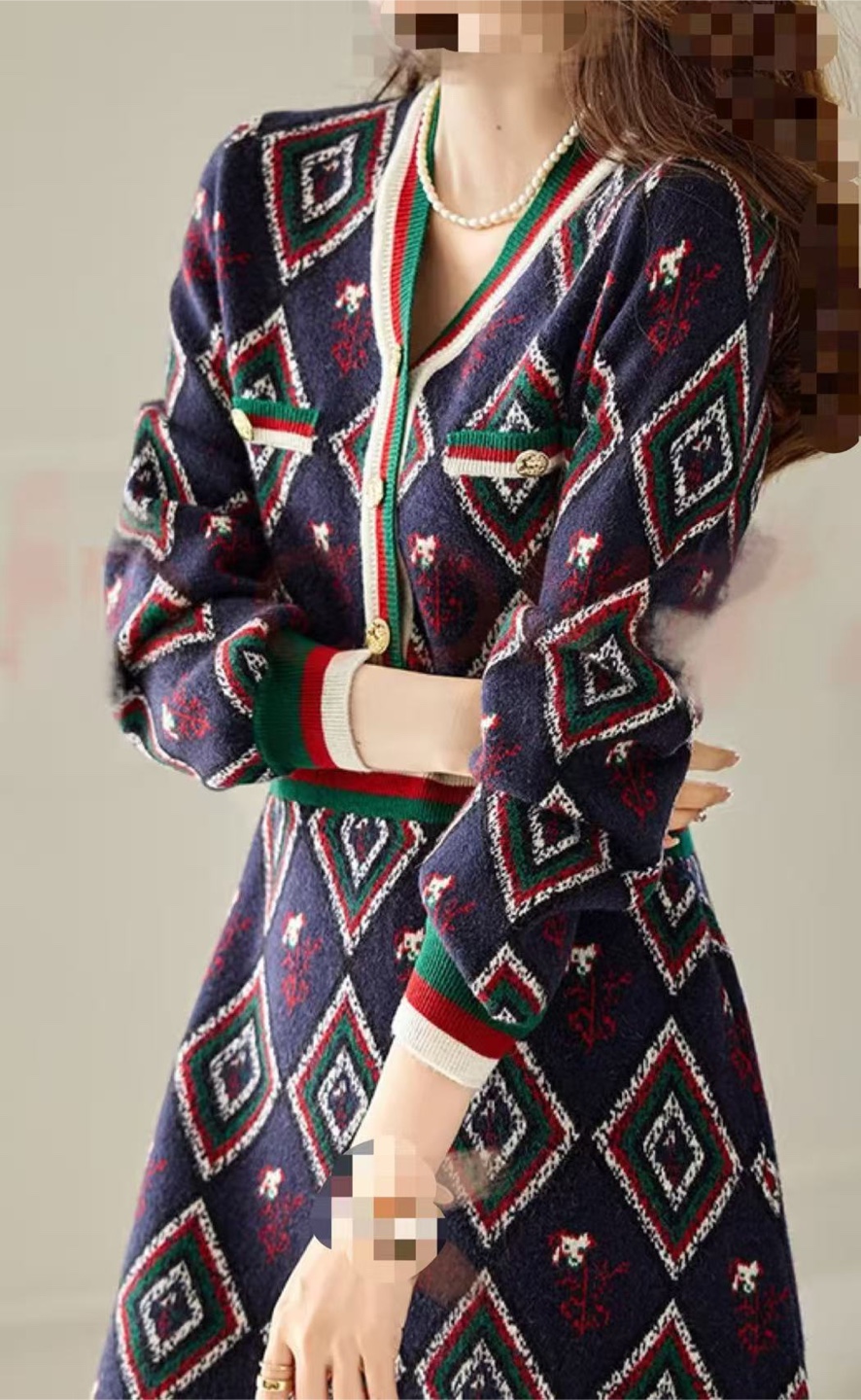 Patterned Knit Dress - Navy, Red, Green