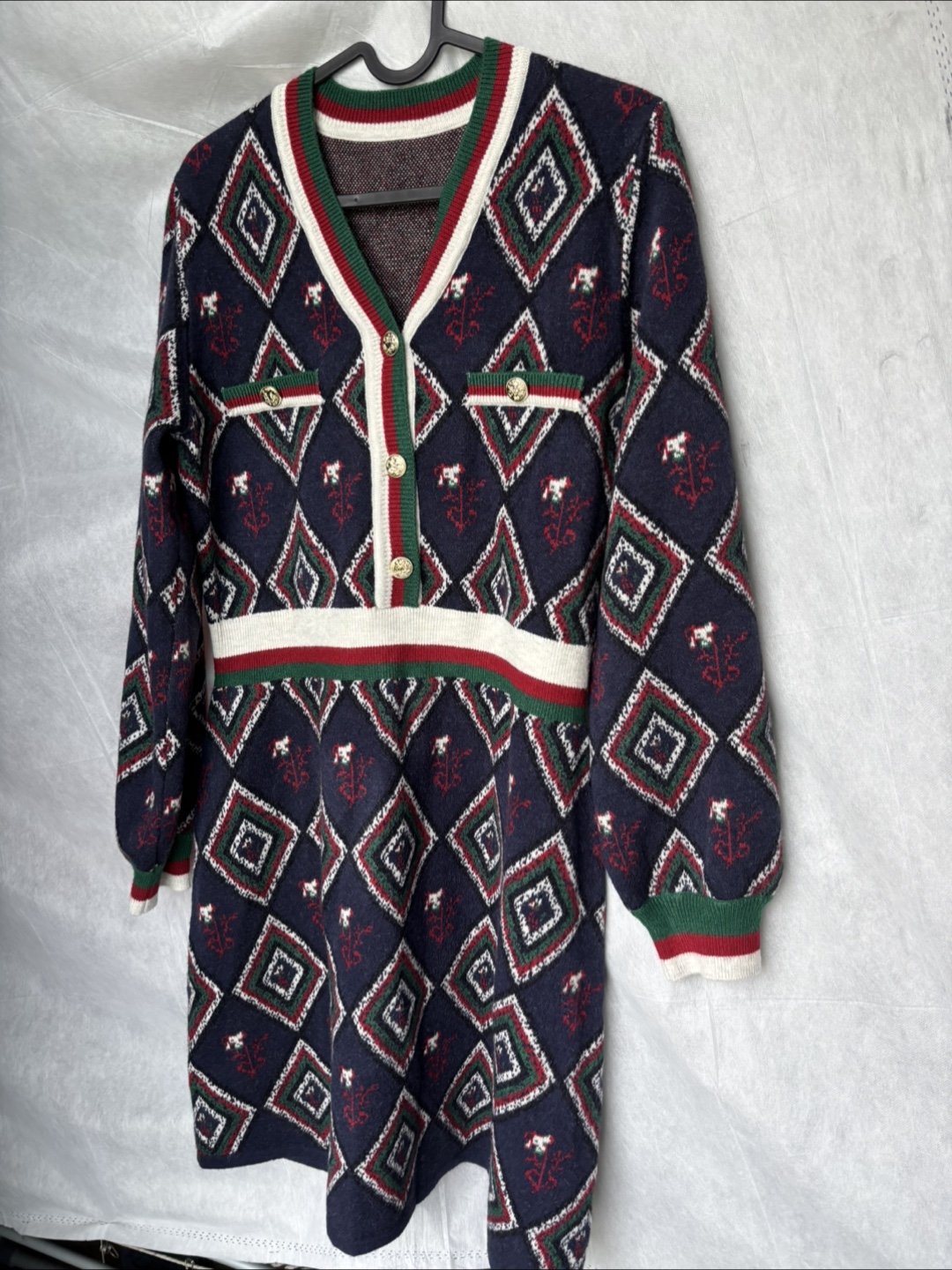 Patterned Knit Dress - Navy, Red, Green - photo 3
