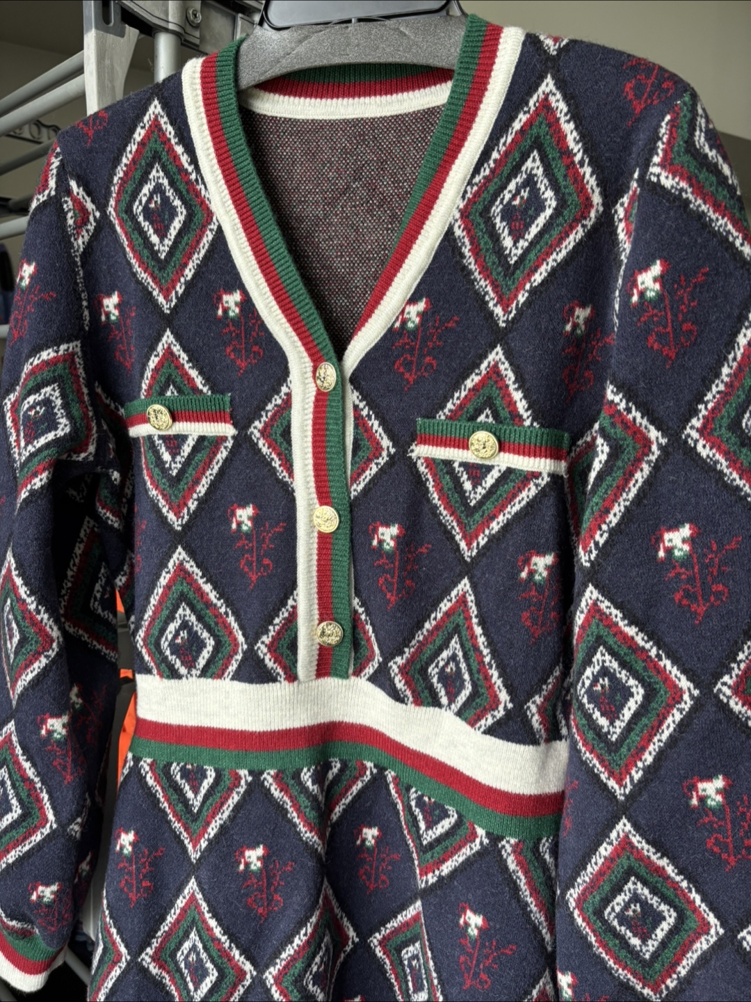 Patterned Knit Dress - Navy, Red, Green - photo 4