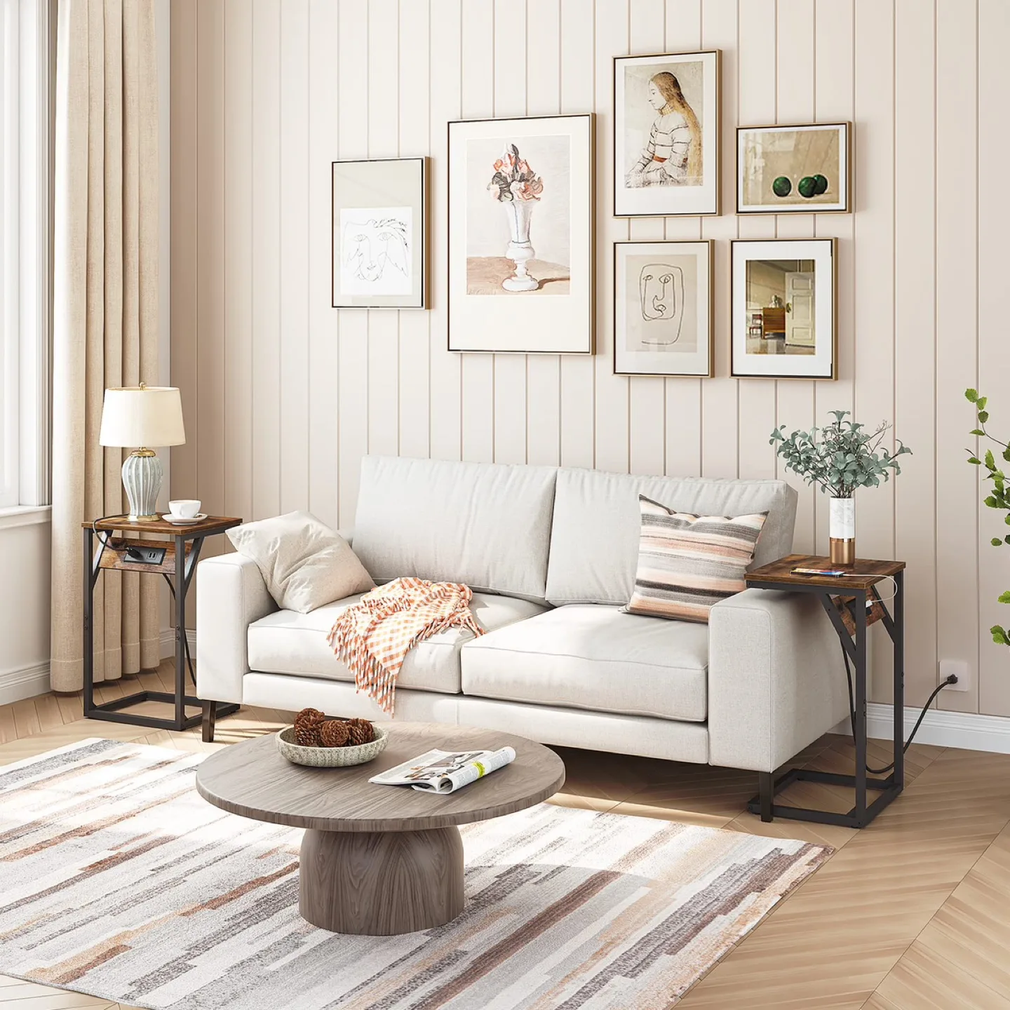 HOOBRO set of 2 C-Shaped End Table with Charging Station image indicator(6)