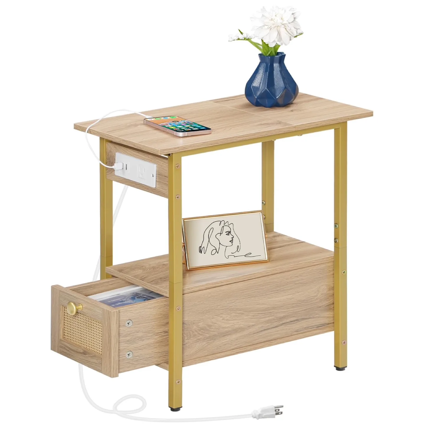 HOOBRO Narrow End Table with Charging Station PAIR