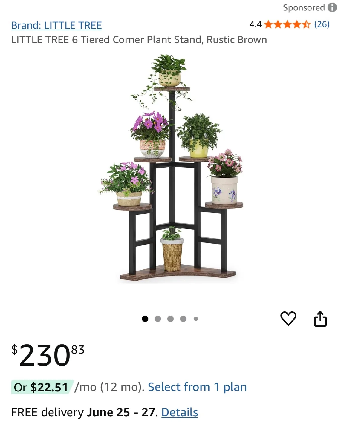 6 Tiered Corner Plant Stand, Rustic Brown thumbnail