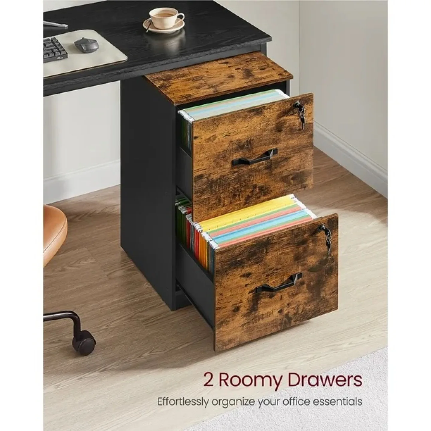 VASAGLE 2-Drawer File Cabinet, 2 Lockable Drawers, Rustic Brown image indicator(3)