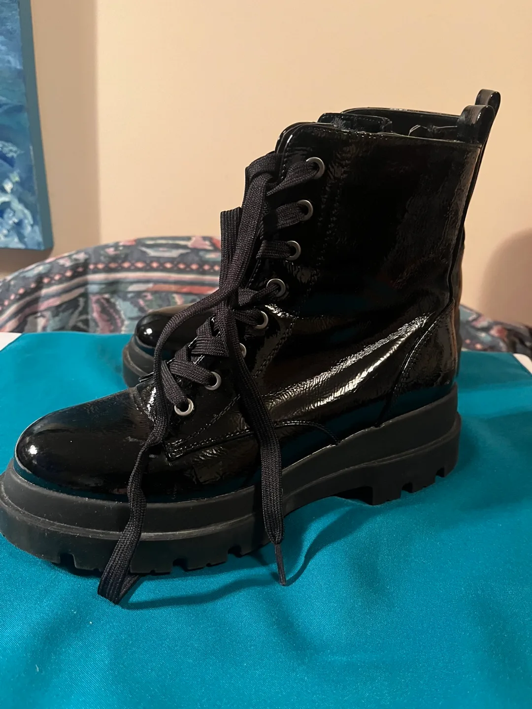 Black Vegan Patent Lace-up Combat-style Boots thumbnail