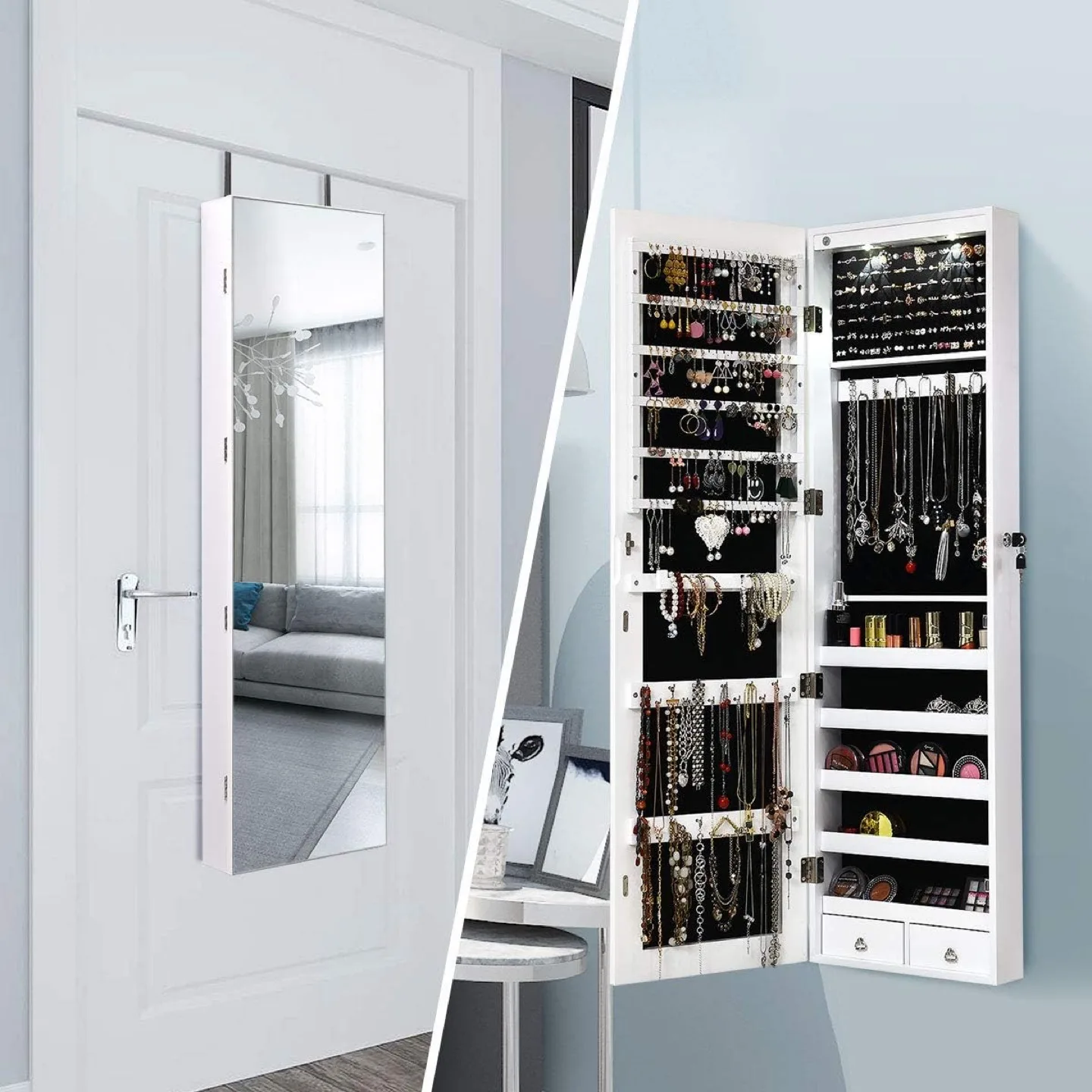 Over-the-Door/wall hung Mirror, locking Jewelry box w. Lighting thumbnail