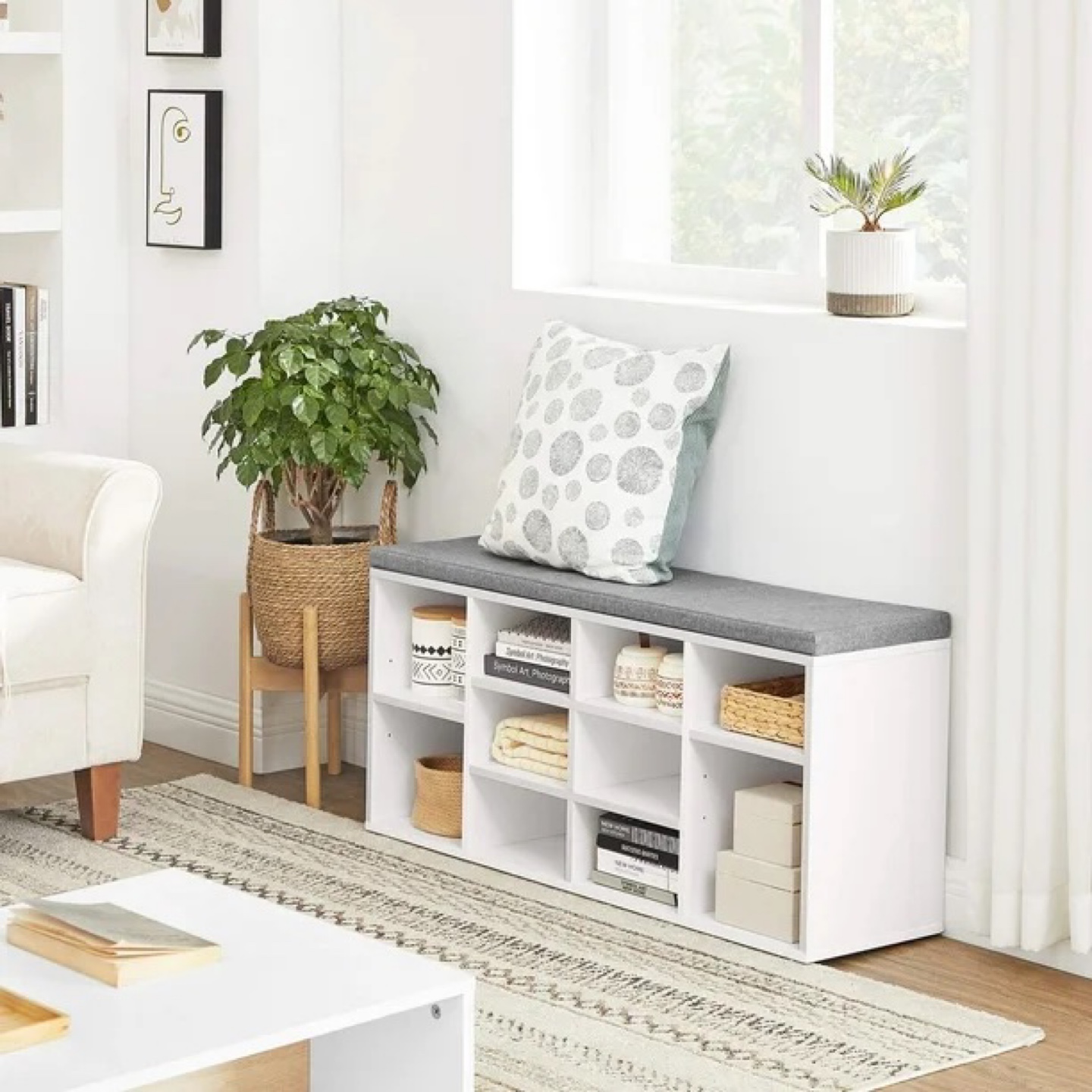 White Shoe Rack Bench with Grey Cushion - photo 2