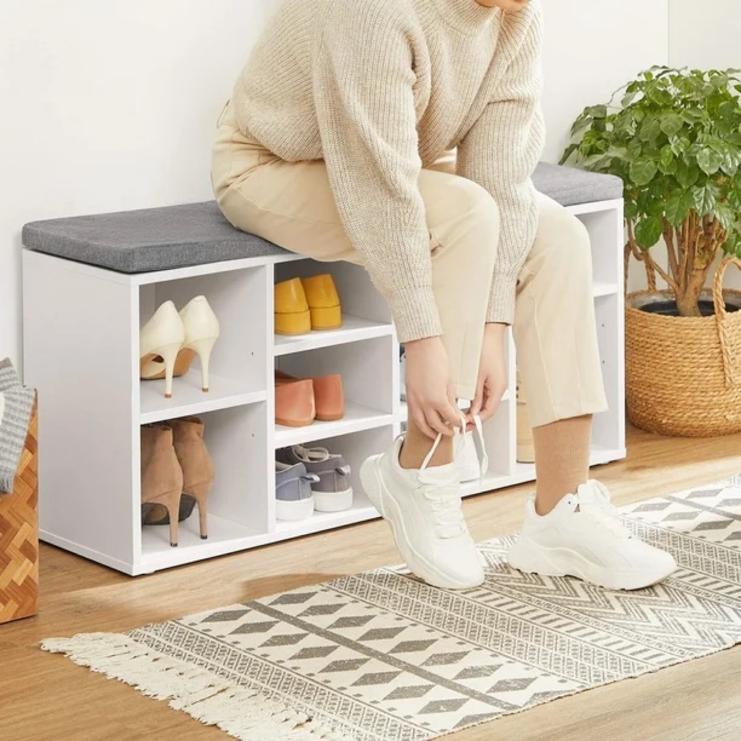White Shoe Rack Bench with Grey Cushion