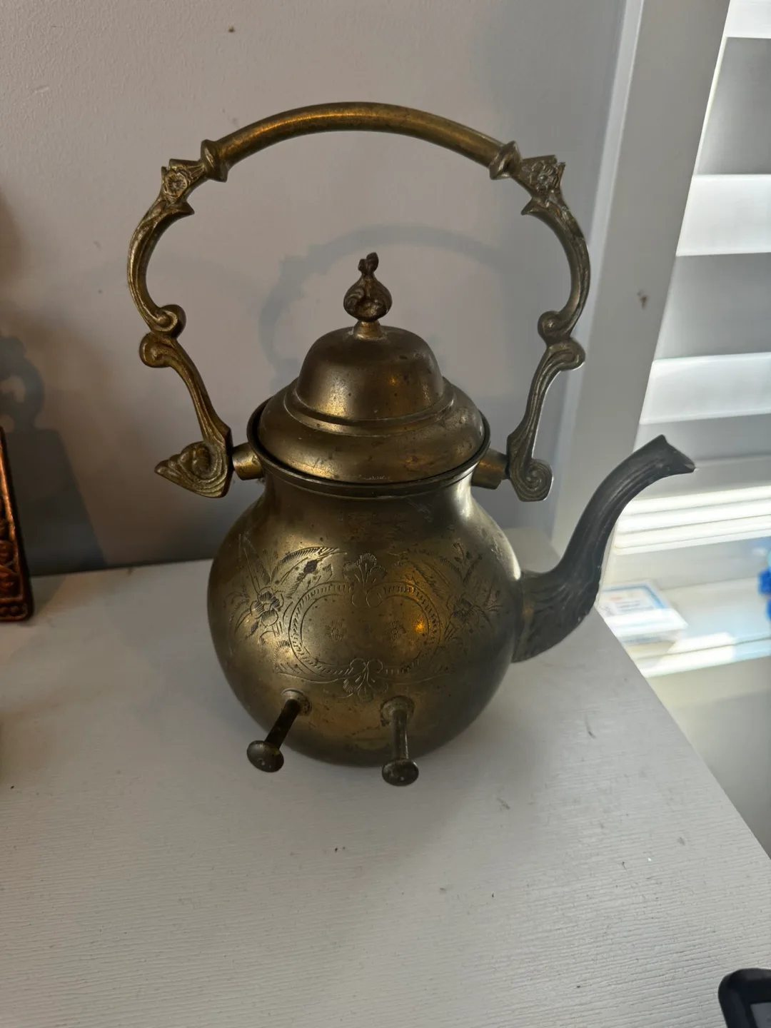 Vintage Brass Kettle / teapot with ornate handles very heavy image indicator(5)