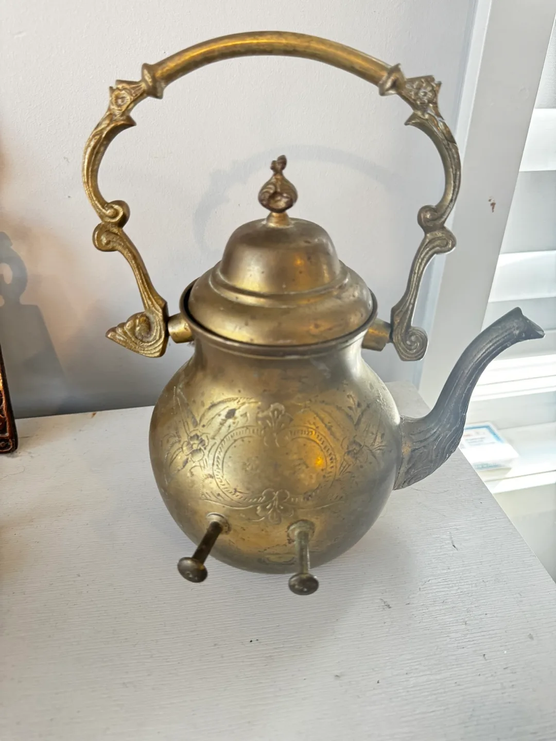 Vintage Brass Kettle / teapot with ornate handles very heavy image indicator(2)