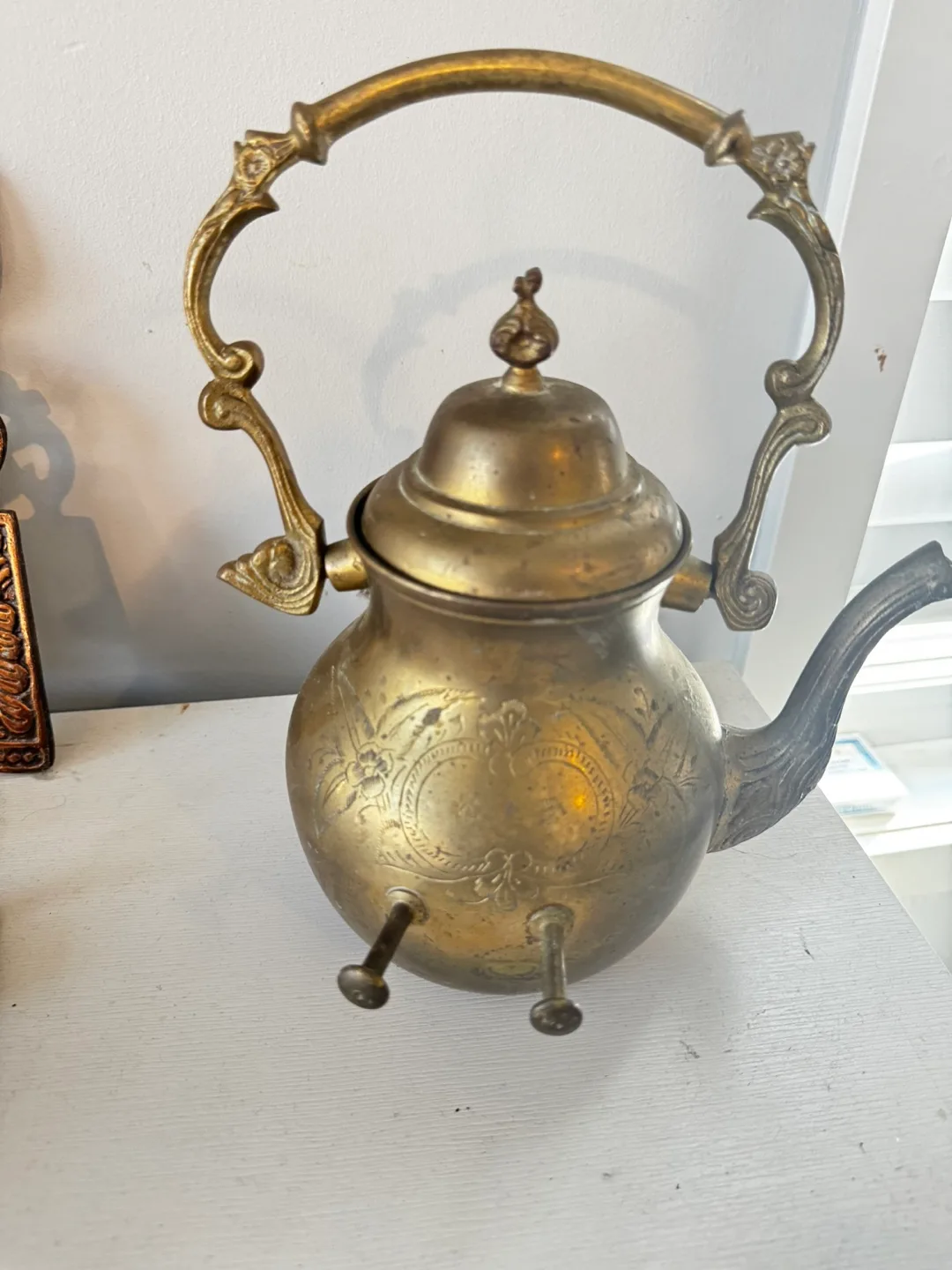 Vintage Brass Kettle / teapot with ornate handles very heavy image indicator(4)