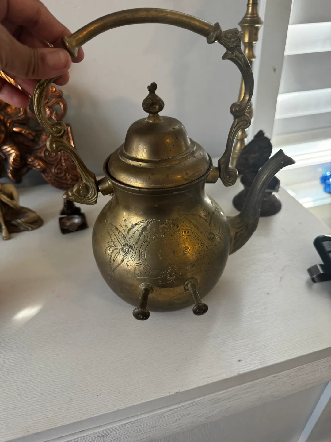 Vintage Brass Kettle / teapot with ornate handles very heavy image indicator(9)