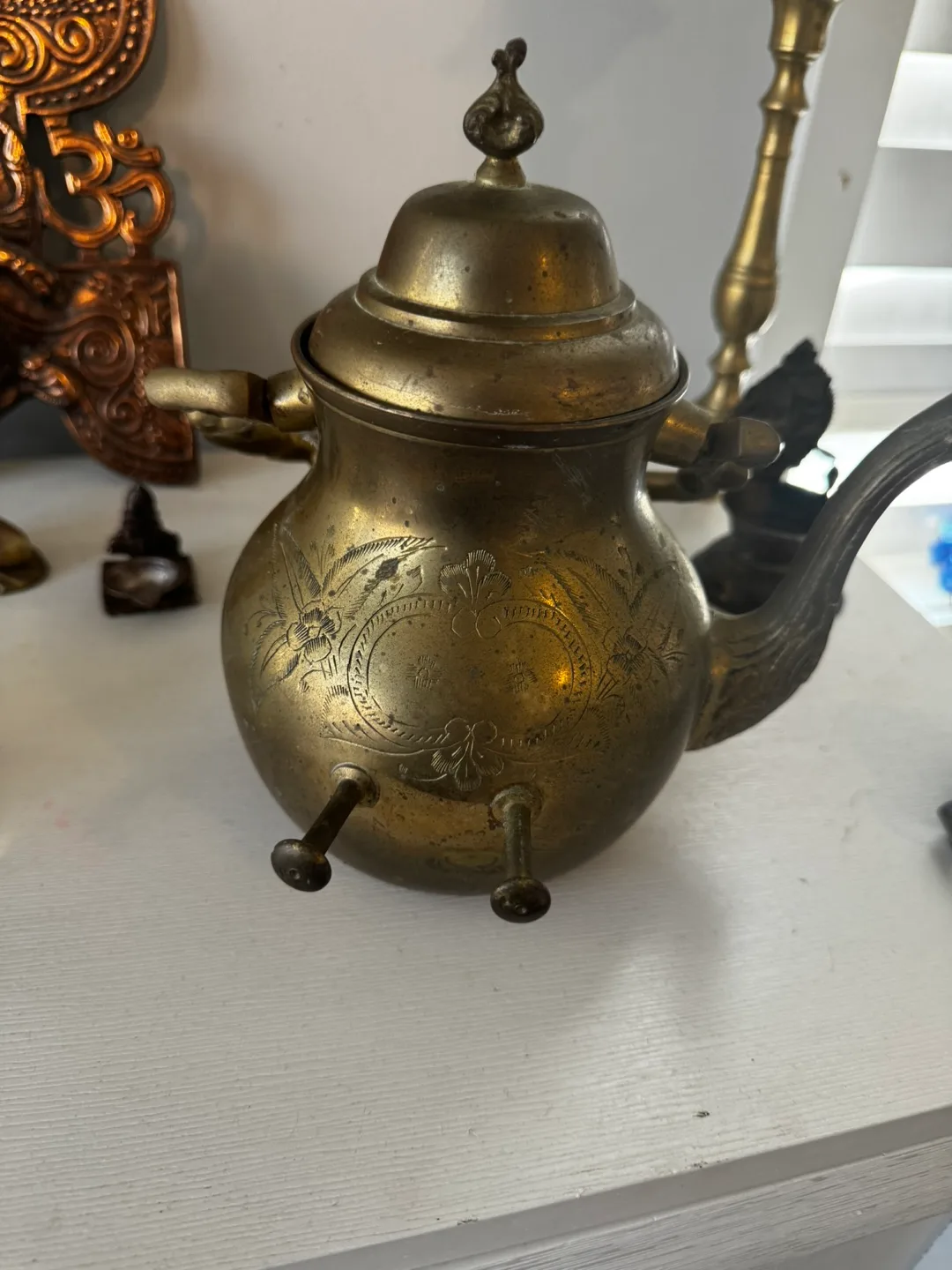 Vintage Brass Kettle / teapot with ornate handles very heavy image indicator(8)