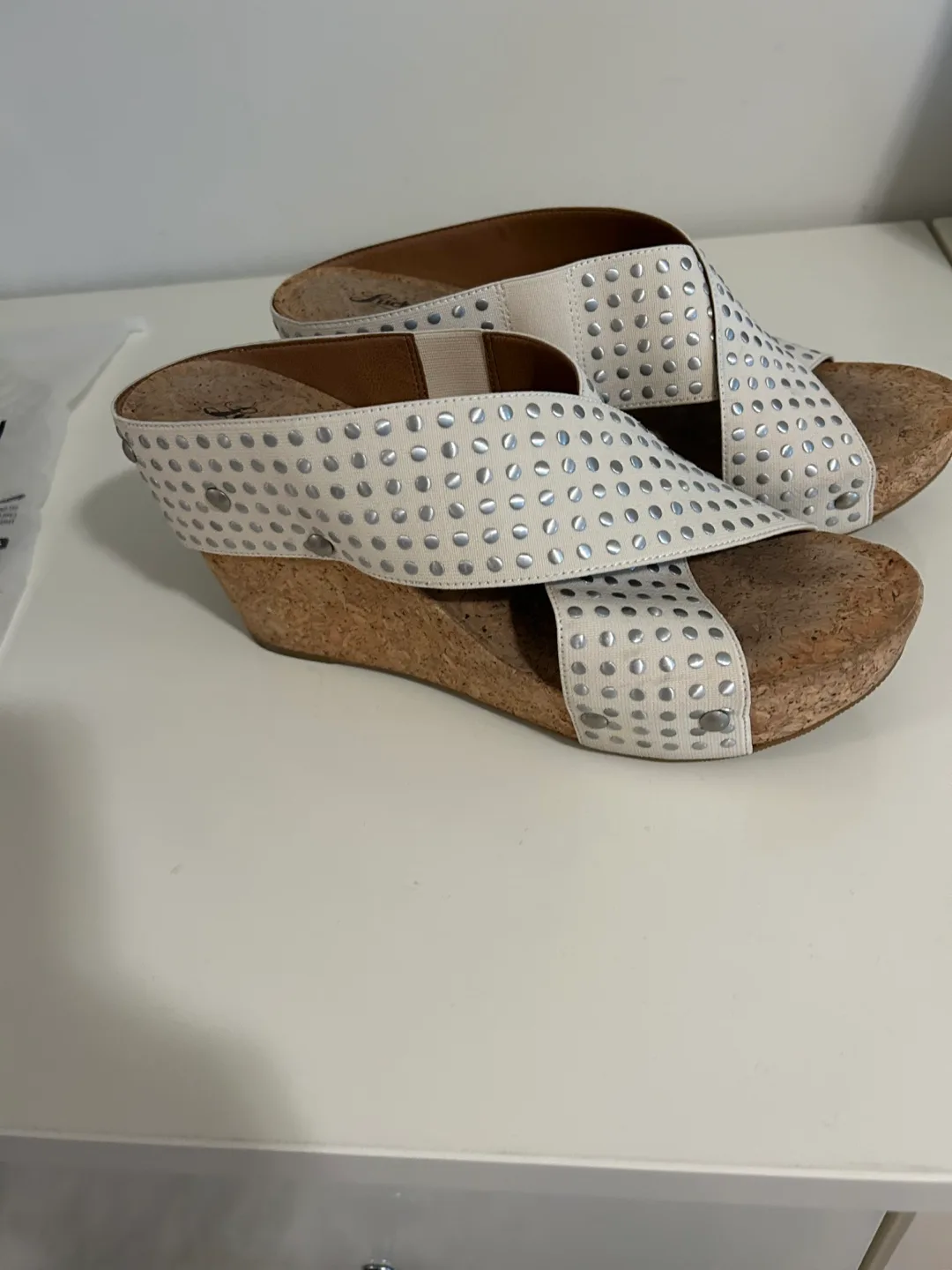 Lucky Brand White Studded Wedge Sandals - Size 8 thumbnail