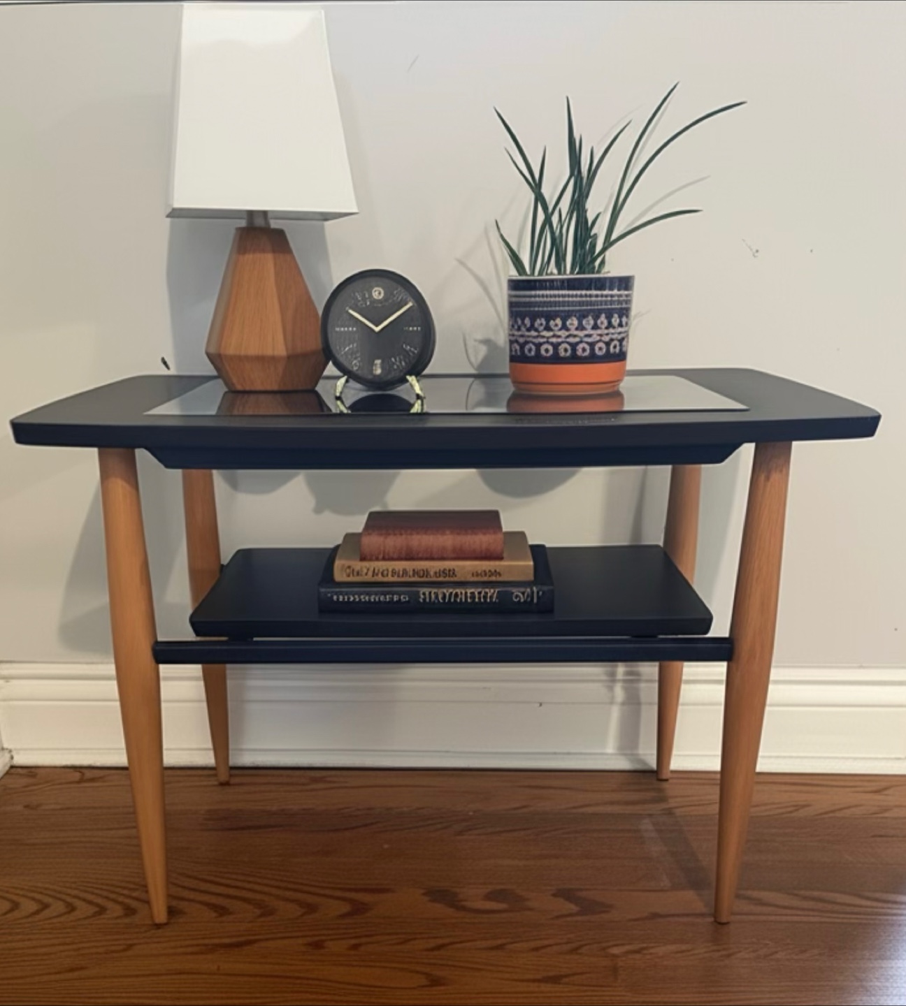 Mid-Century Black Glass Top Side Table