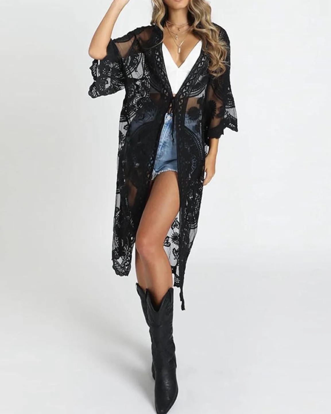 NEW! Black Lace Kimono Cover-Up thumbnail