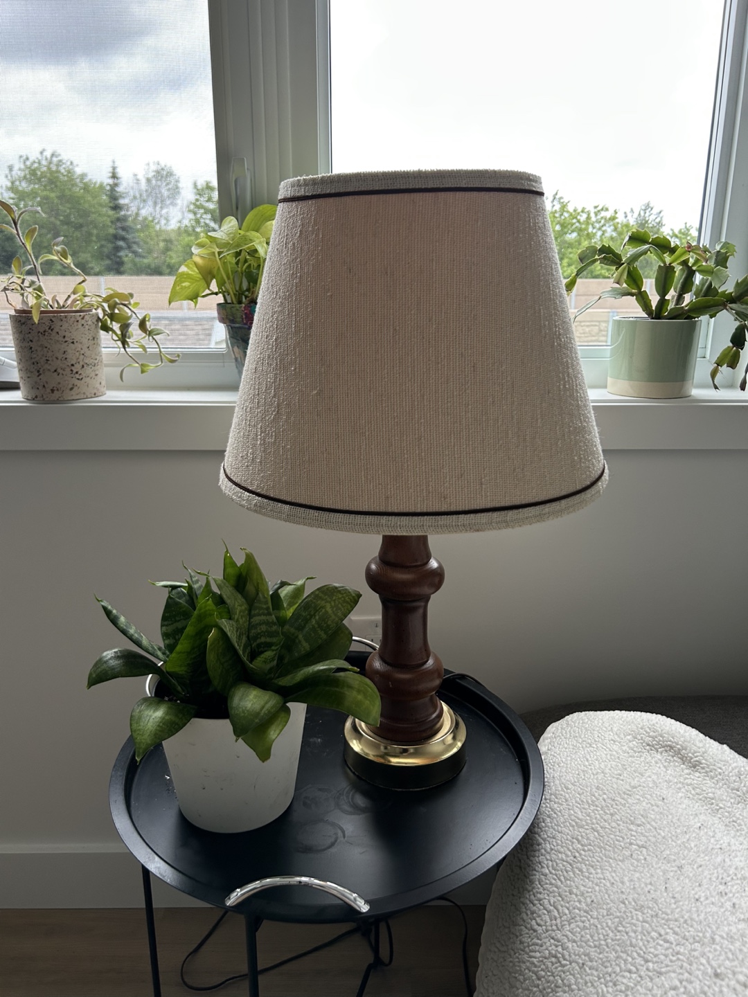 MCM Beige Table Lamp with Wooden Base