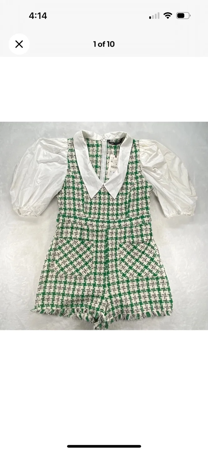 Zara Green & White Tweed Romper - Size L thumbnail
