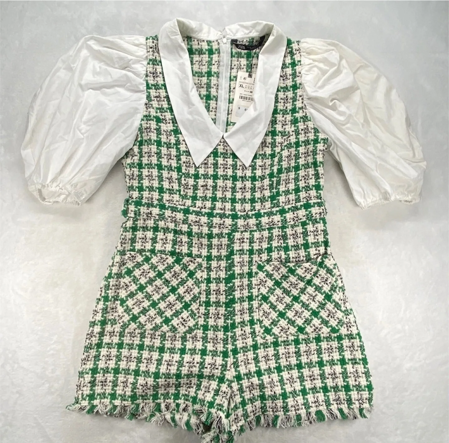 Zara Green & White Tweed Romper - Size L image indicator(4)