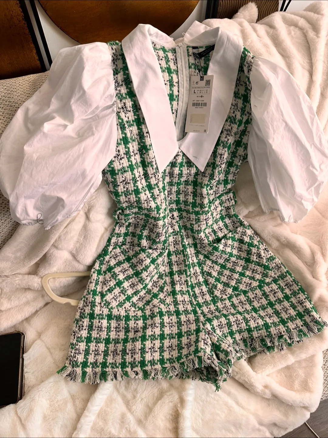 Zara Green & White Tweed Romper - Size L image indicator(5)