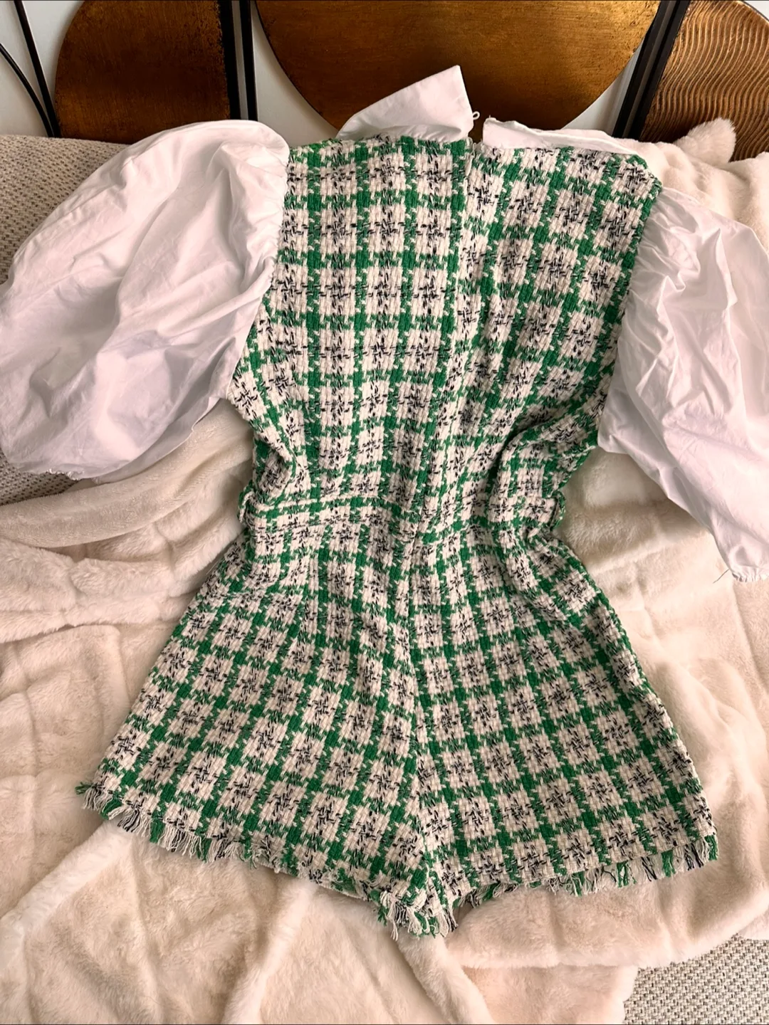 Zara Green & White Tweed Romper - Size L image indicator(7)