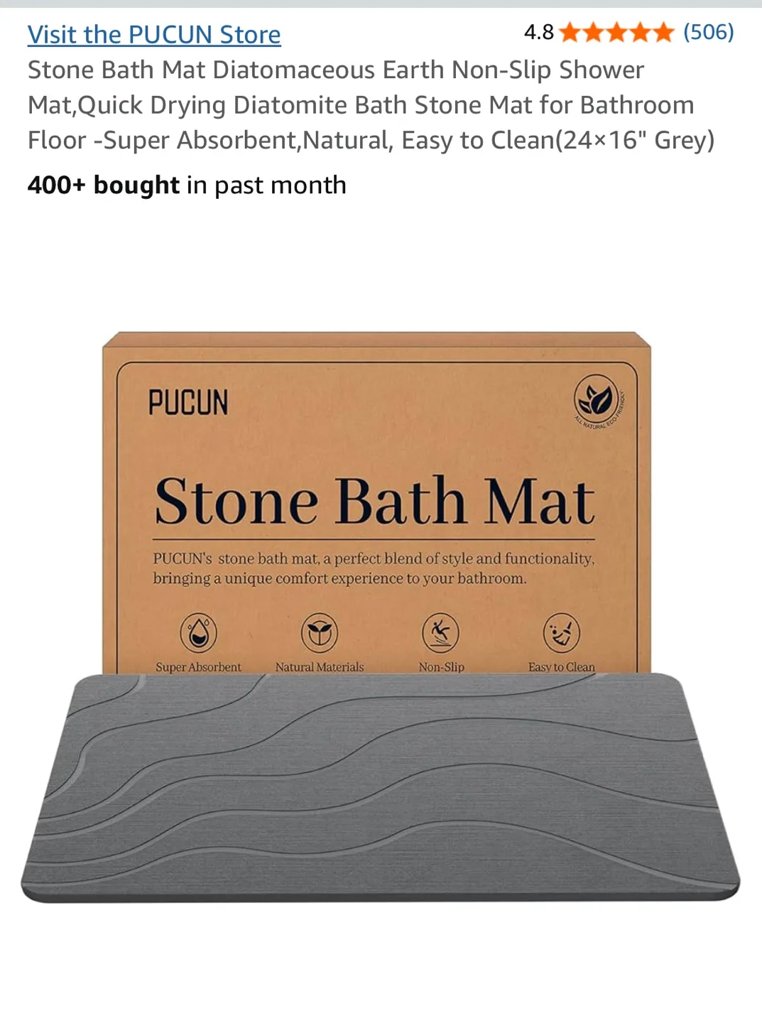 PUCUN Stone Bath Mat - 24x16 Gray thumbnail