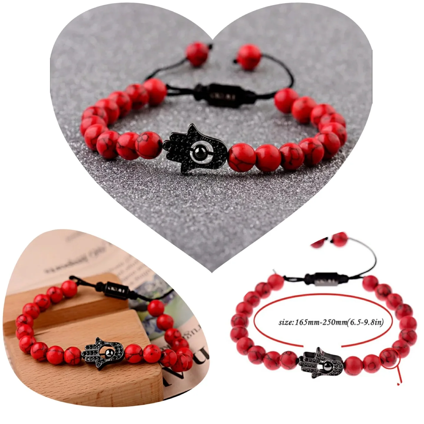 Red Beaded Hamsa Bracelet, Adjustable thumbnail