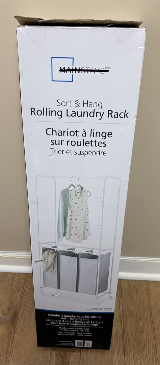 Mainstays Sort & Hang Rolling Laundry Rack - New in Box!