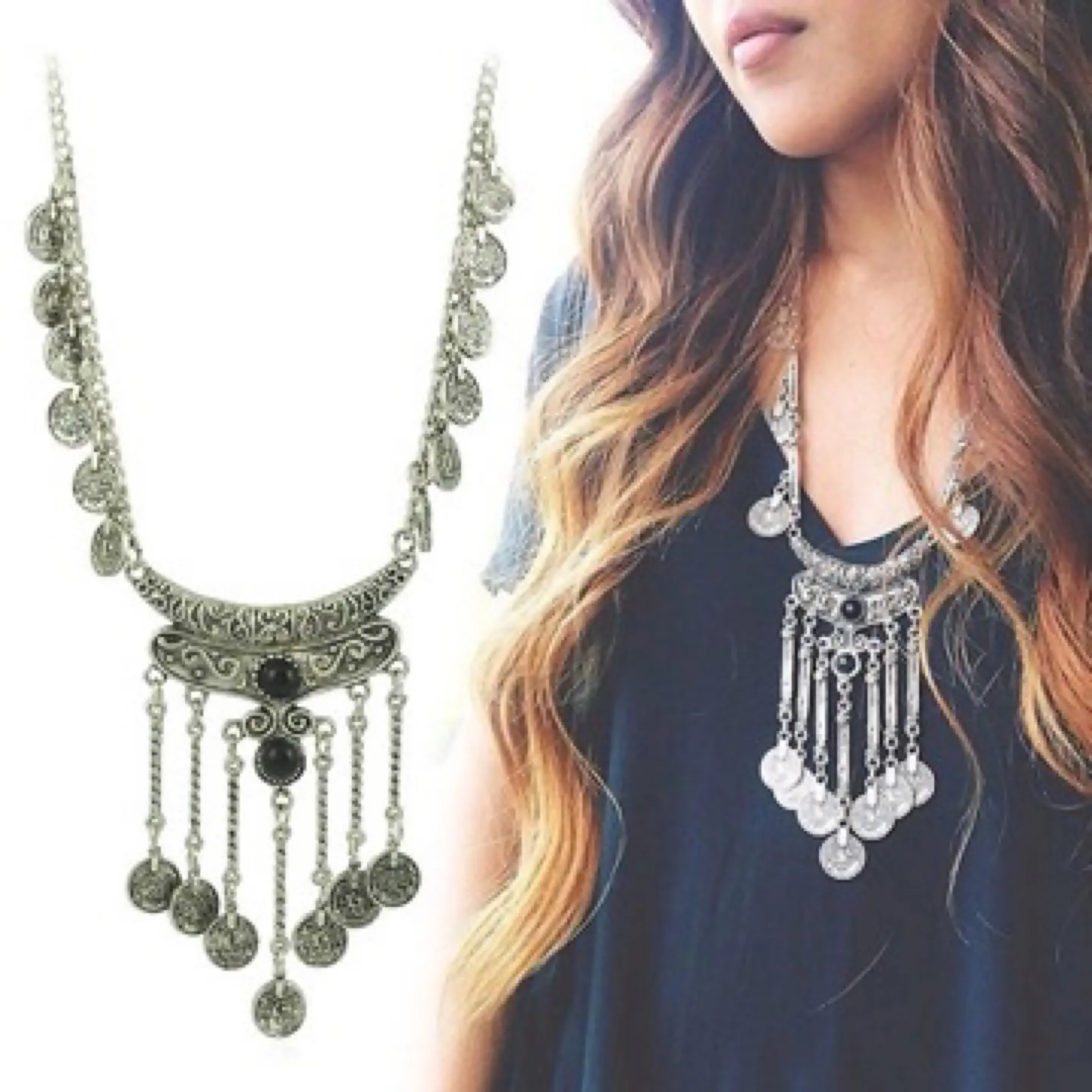 Silver Coin Tassel Statement Necklace thumbnail