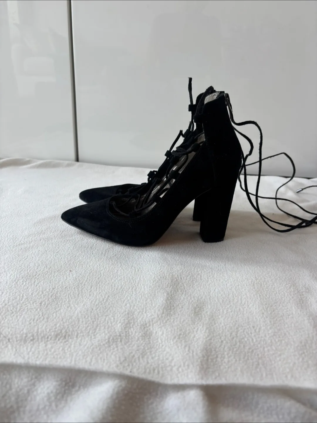 Saks Fifth Avenue Black Suede Lace-Up Heels image indicator(2)
