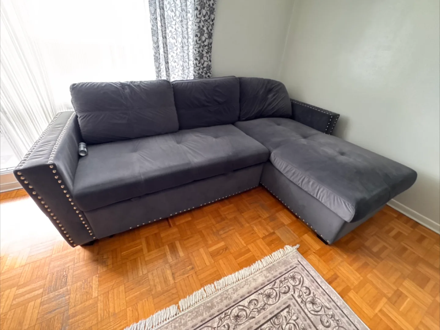 2 Grey Velour Sectional Sofas with Chaise Lounge thumbnail