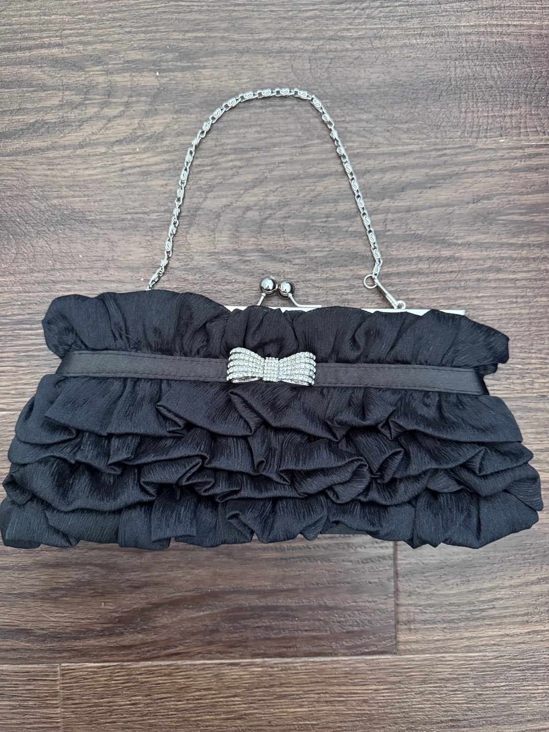 Black Ruffled Evening Clutch with Rhinestone Bow thumbnail