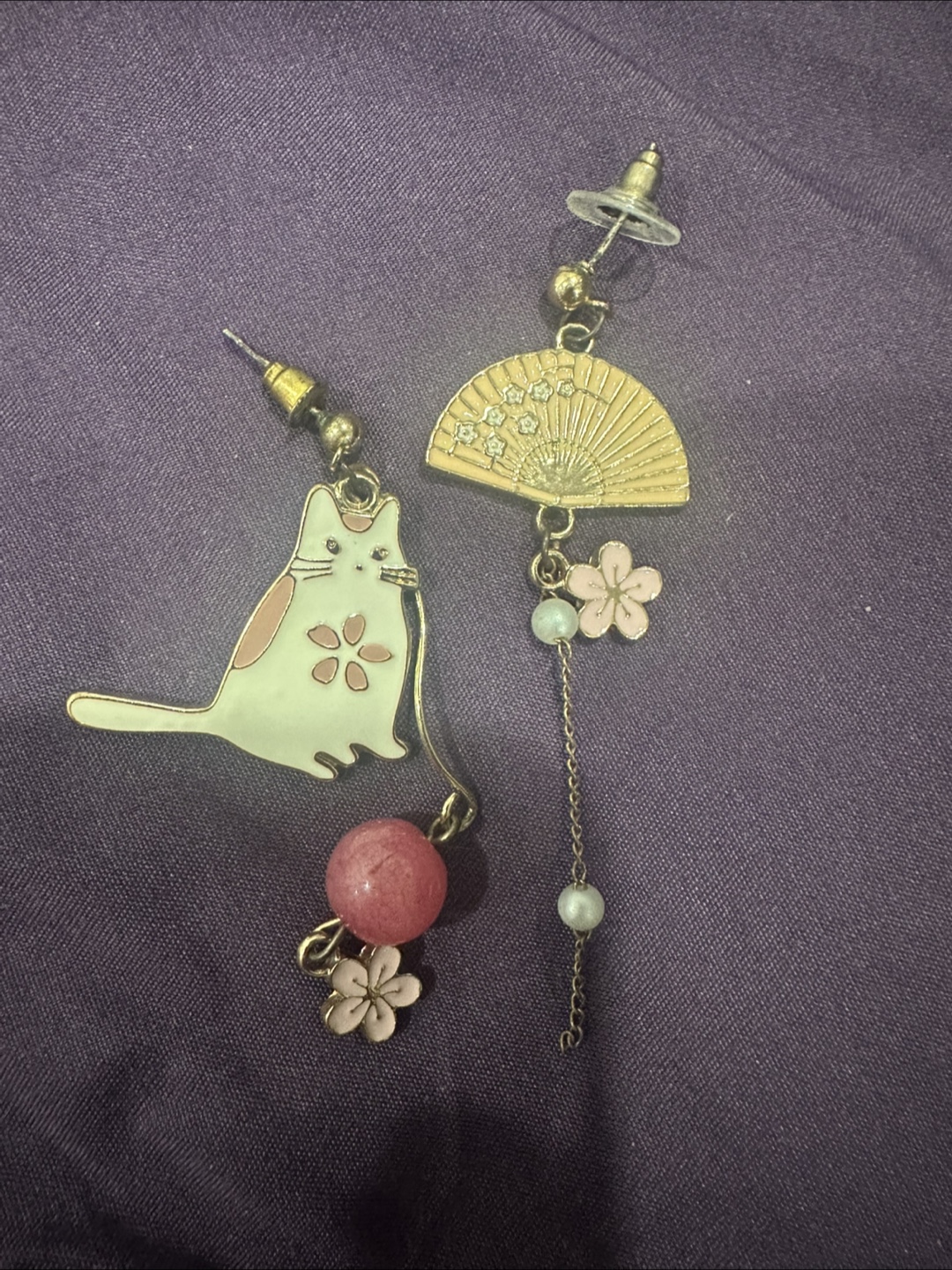 Asymmetrical Cat & Fan Earrings
