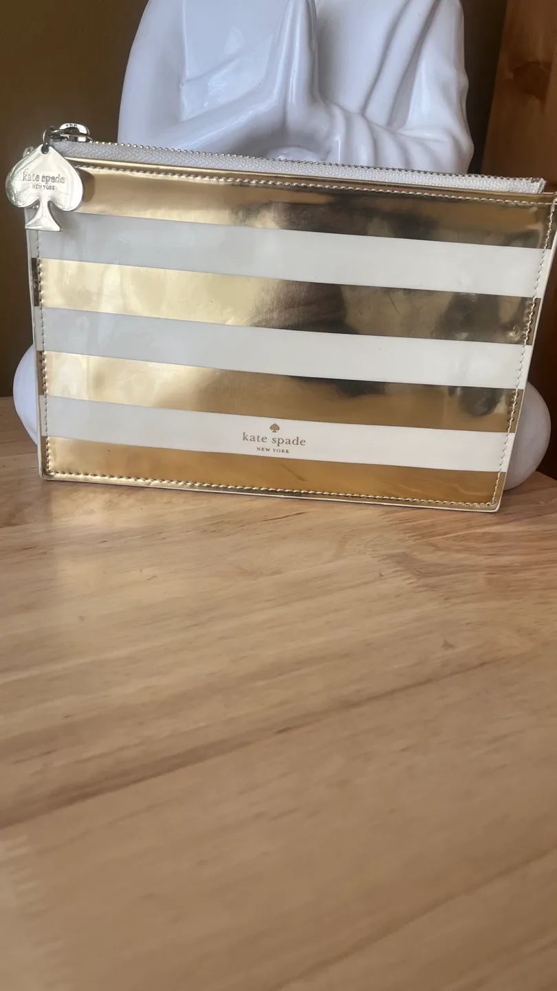 Kate Spade Gold and White Striped Clutch thumbnail