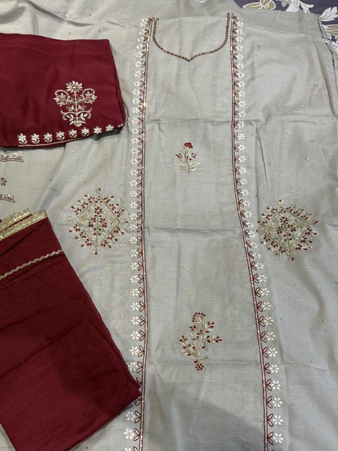 Unstitched Punjabi Suit - Maroon & Grey