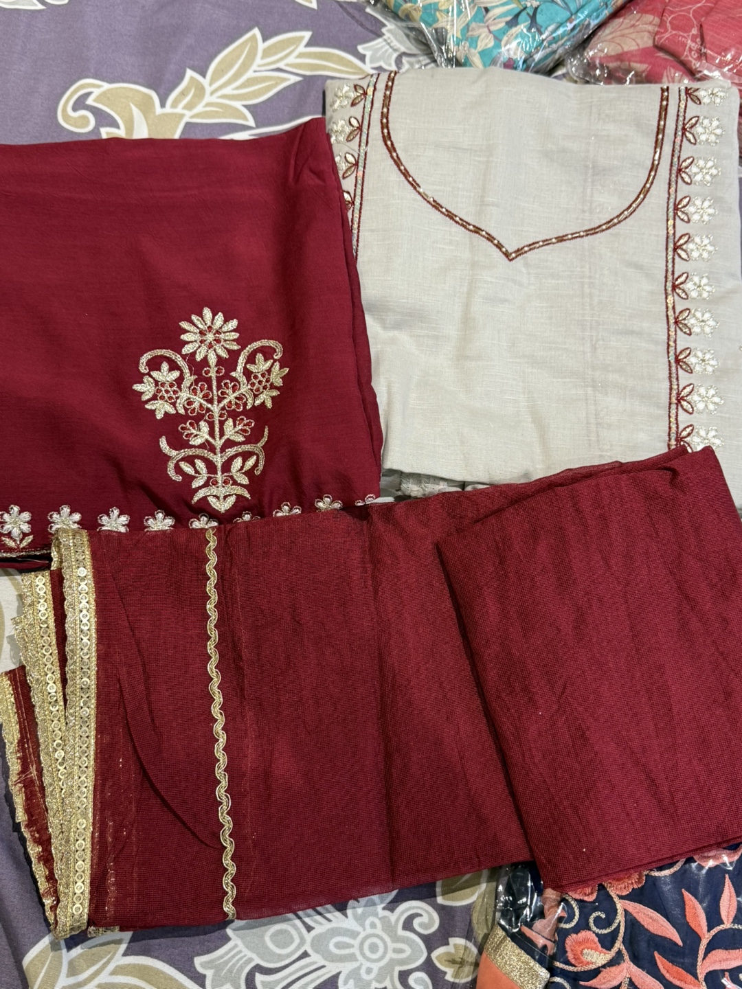 Unstitched Punjabi Suit - Maroon & Grey - photo 2