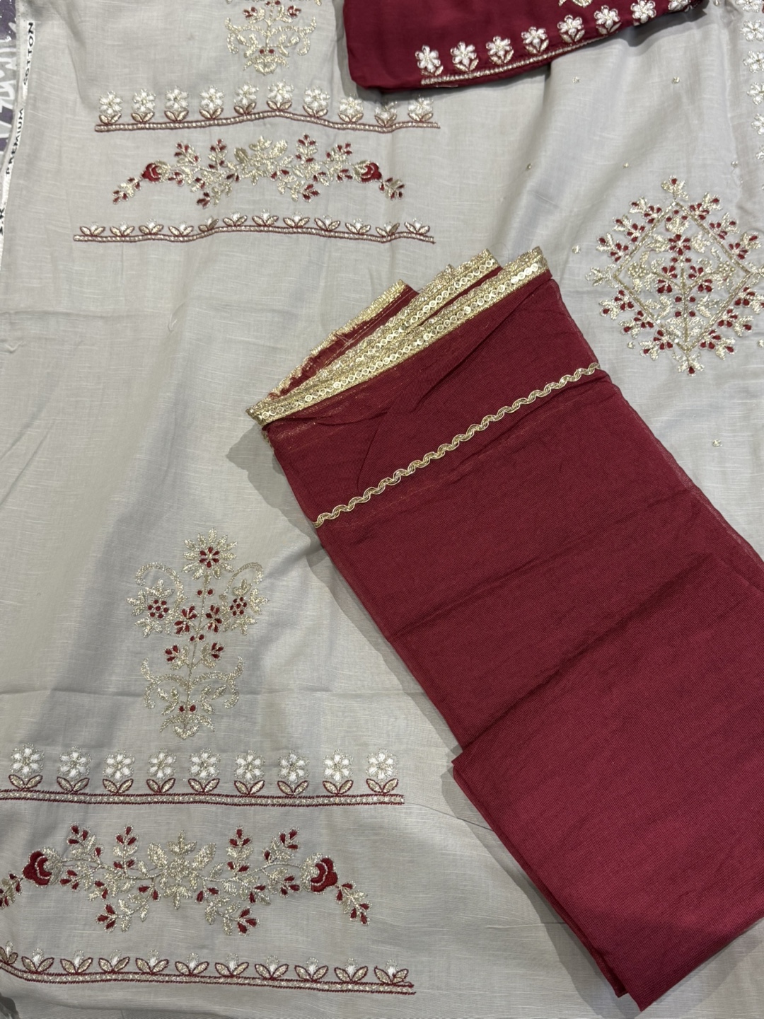 Unstitched Punjabi Suit - Maroon & Grey - photo 3