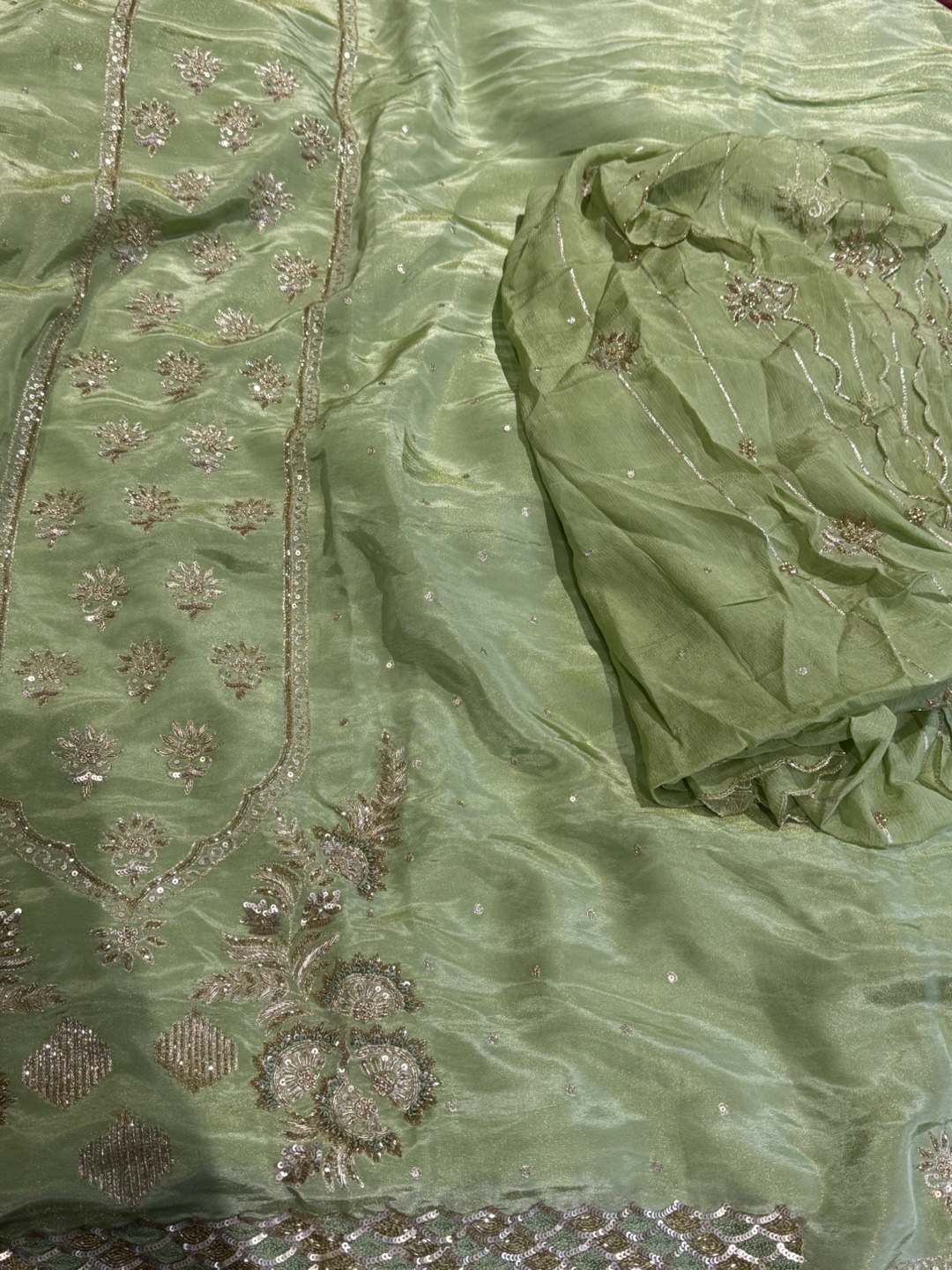 Green Embroidered unstitched Punjabi Suit