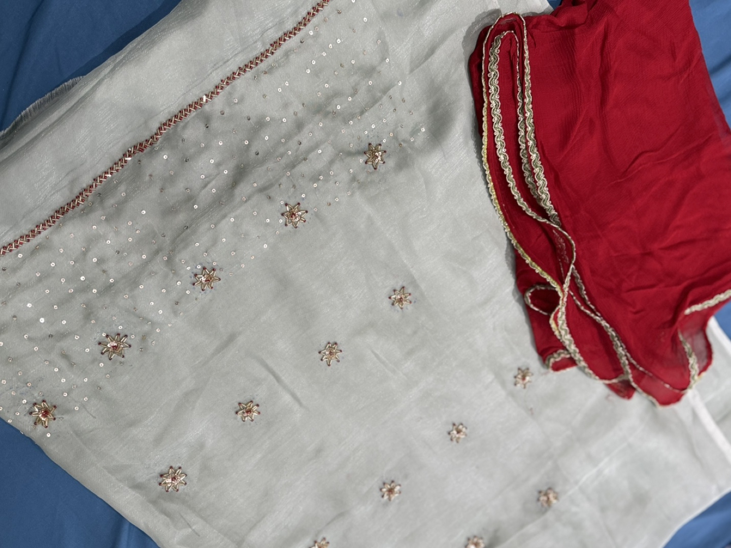 Handwork Punjabi Suit - Grey & Red