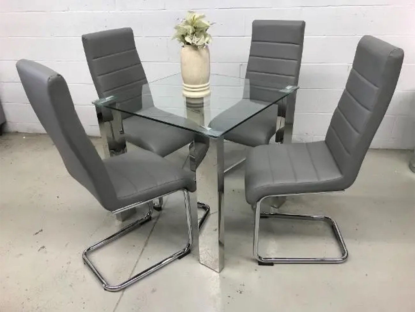 Closing sale—Glass Dining Table with 4 Grey Chairs
