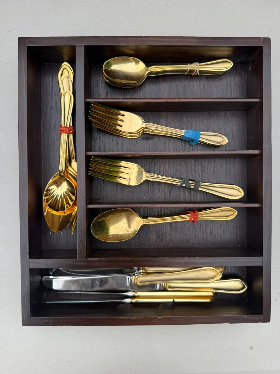 Gold Cutlery Set with Wooden Organizer