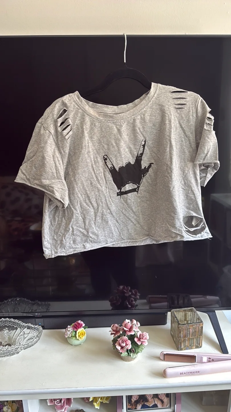 Gray Crop Top with Rock On Hand Design thumbnail